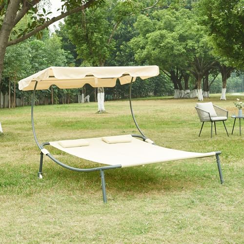 casa.pro Doppelliege Avigliano Gartenliege für 2 Personen 200 x 134 cm Outdoor-Liege mit Sonnendach wetterfest Sonnenliege Relaxliege Beige