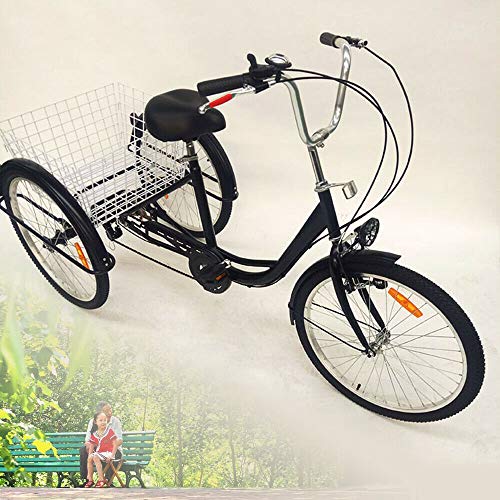 OU BEST CHOOSE 24"3 Rad Dreirad für Erwachsene mit Lampe 6 Gang Fahrrad, Einkaufskorb Trike Dreiradpedal Fahrrad, zum Einkaufen im Freien Picknick (schwarz)