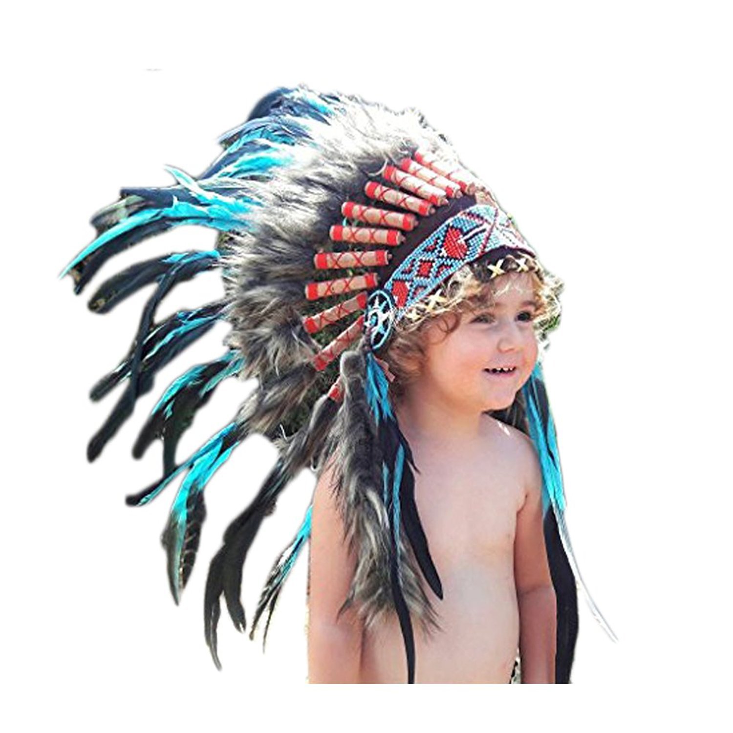 KARMABCN N11- Von 2-5 Jahren Kind/Kind: 3 Farben Indian Headdress 20,5 Zoll. - 52 cm (TURQUOISE/BLACK ROOSTER)