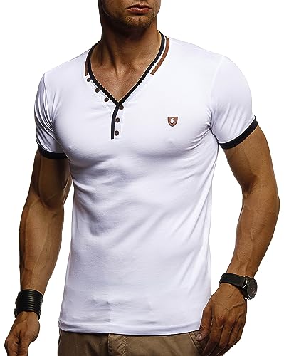 Leif Nelson Herren Sommer T-Shirt V-Ausschnitt Slim Fit Baumwolle-Anteil Moderner Männer T-Shirt V-Neck Hoodie-Sweatshirt Kurzarm lang LN1330 Weiß XX-Large