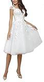 CLLA dress Frauen Scoop Brautkleider ärmellose Spitze Applikationen Brautkleid für Braut Kurz Hochzeitskleider(Weiß,52)