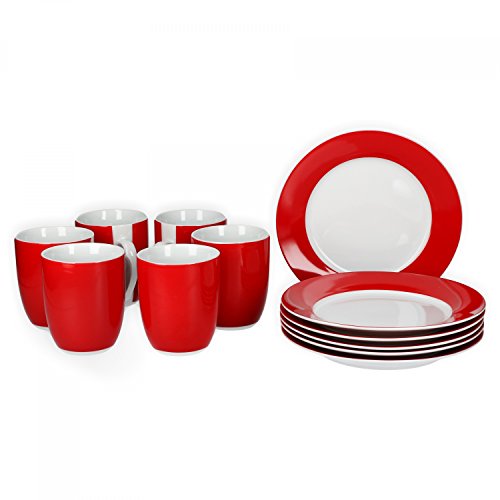 Van Well Frühstücksset 12-TLG. für 6 Personen Serie Vario Porzellan - Farbe wählbar, Farbe:rot