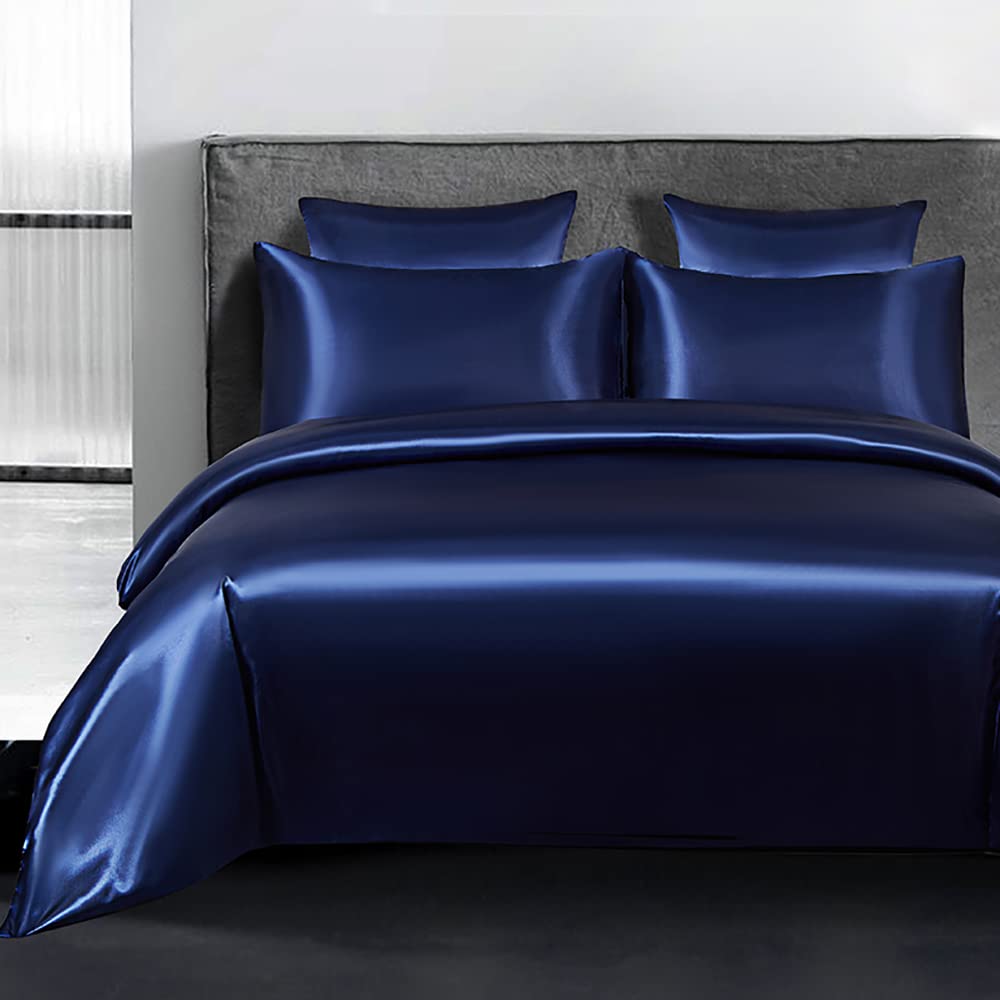 Omela Bettwäsche Satin 155x220 Blau Einfarbig Glatt Glänzend Bettbezug mit Reißverschluss 2 Teilig 100% Glanzsatin Polyester Sommerbettwäsche Set Kissenbezug 80x80 cm
