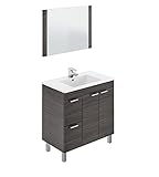 Dmora - Unterschrank Lakewood, Badezimmerschrank, Kleiderschrank mit 2 Türen und zwei Schubladen mit Spiegel, Waschbecken nicht enthalten, cm 80x45h80, Aschgrau