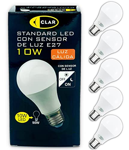 CLAR - Dämmerungssensor 10W, LED Mit Dämmerungssensor E27, Dusk To Dawn, Birne Mit Lichtsensor, Sensor LED Lampe, LED Lampe Mit Tageslichtsensor, Daylight Sensor 3000Kº (Pack 5)