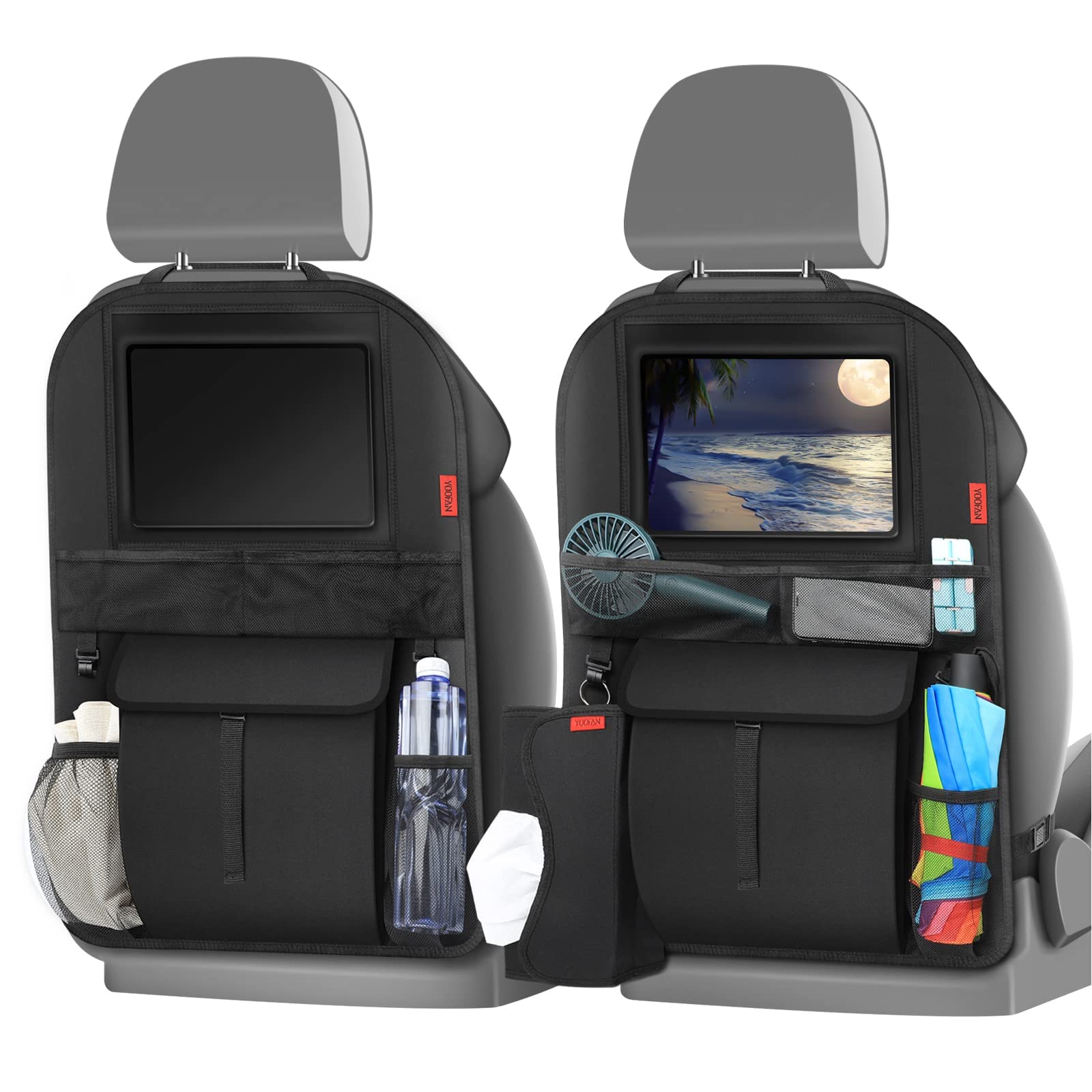 YOOFAN Auto Rückenlehnenschutz (2 Stück) Kinder Auto Organizer Wasserdicht Autositzschoner mit Große Taschen und iPad-/Tablet-Fach Kick-Matten-Schutz für Autositz