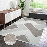 carpet city Teppich Kurzflor Wohnzimmer - Beige - 120x170 cm - Teppiche Fransen Boho-Style - Geometrisches Muster - Schlafzimmer, Esszimmer