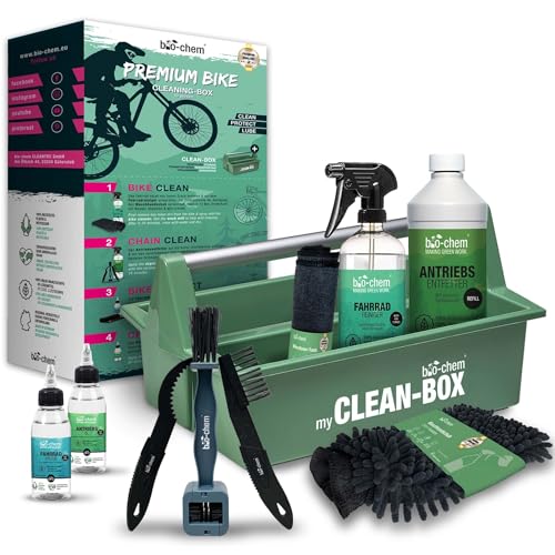 Bio-Chem Premium Fahrradpflege-Set 7-teilig Fahrradreiniger Antriebsreiniger Antriebsentfetter Antriebsöl Fahrradpflege mit Mikrofasertuch und Werkzeugbox 1,63 L