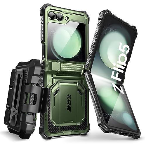 i-Blason Armorbox Series für Samsung Galaxy Z Flip 5 Hülle (2023) mit integriertem Displayschutz, Ständer und Gürtelclip, Robust Handyhülle Scharnierschutz Bumper Case (Grün)