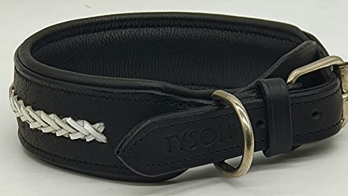 Stitch Halsband Leder Lederhalsband BREIT geflochten Zier Hundehalsband Tysons 5 Kombis zur Wahl M L XL hohe Zugkraft (Schwarz / Weiß, XL)