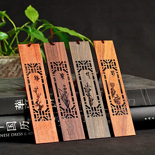 CENPEK Lesezeichen aus massivem Holz, geschnitzt mit Pflaumen-Orchidee, Bambus, Chrysanthemen-Lesezeichen für Damen und Herren, Stil A, 4 Stück
