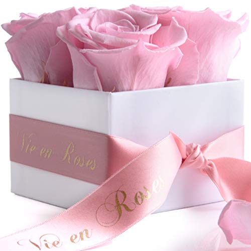 ROSEMARIE SCHULZ Heidelberg Ewige Rosen 4 Stück - Rosen haltbar 3 Jahre - Blumenbox in Weiß mit Satinband in Rosa und Goldschrift