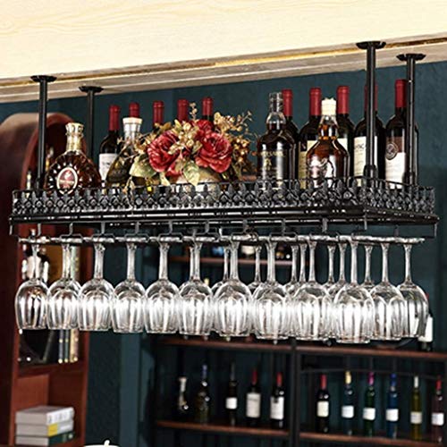 PJQUEKAIPJ Bar Weinregal Restaurant Wandmontiertes Weinflaschenregal, hängender schwarzer Eisenkunst-Rotweinhalter, höhenverstellbar, industrieller Stielglashalter, groß, 120 x 35 cm
