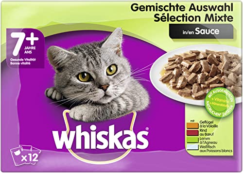 Whiskas 7+ Katzennassfutter – Gemischte Auswahl in Sauce – Hochwertiges Feuchtfutter in 48 Portionsbeuteln für Katzen ab 7 Jahren und älter – Katzenfutter – 4er Pack (4 x 12 Portionsbeutel à 100g)