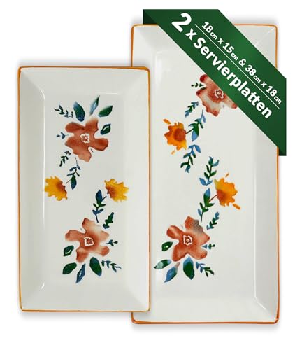 Lashuma 2x Keramikteller eckig, Servierplatte bunt Blütenfest 28x15 cm, Salatteller tief 38x18 cm