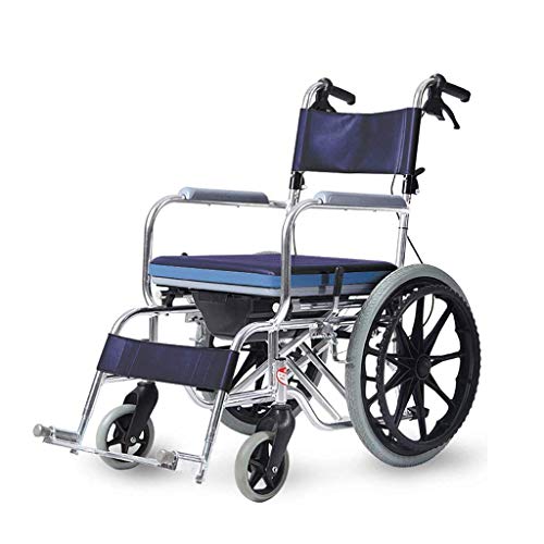AOLI Rollstuhl mit WC-Sitz - Foldingcommode Stuhl - Medical Nursing Trolley - wasserdicht Duschstuhl Vollreifen Max Belastbarkeit 220lbs leicht zu bedienen,Dunkelblau,Großes Rad