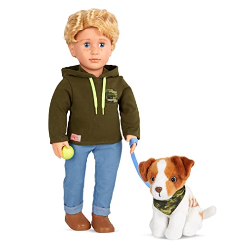 Our Generation Puppe Elliot mit Hundewelpe - Bewegliche 46 cm Puppe mit Kleidung, Zubehör - Jungenpuppe, Australian Shepherd - Spielzeug ab 3 Jahren