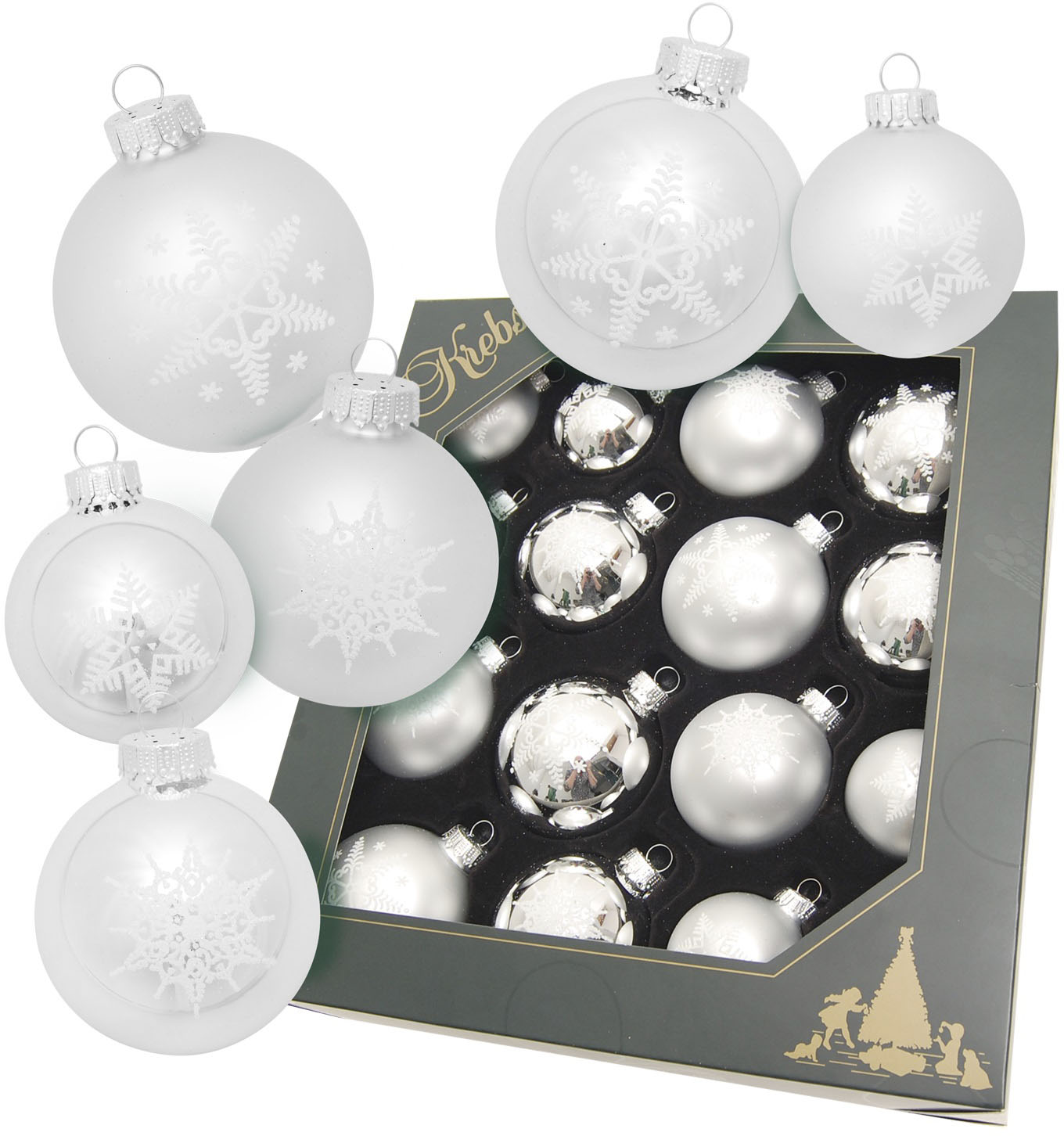 Krebs Glas Lauscha Weihnachtsbaumkugel "Schneeflocke silberfarben", (Set, 16 St.), Weihnachtsdeko, Christbaumschmuck, Christbaumkugeln aus Glas