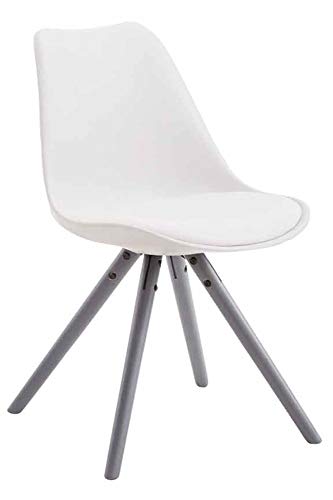 CLP Retro-Stuhl Toulouse Rund Mit Kunstlederbezug | Kunstoff-Lehnstuhl Mit Holzgestell, Farbe:weiß, Gestell Farbe:grau