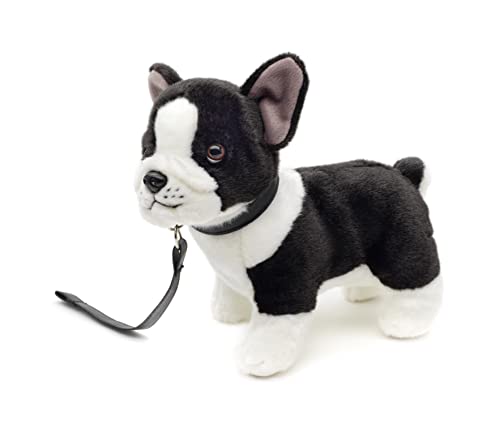 Uni-Toys - Französische Bulldogge (schwarz-weiß) mit Leine - 25 cm (Länge) - Plüsch-Hund - Plüschtier, Kuscheltier