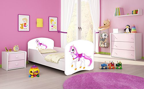Kinderbett Jugendbett Komplett mit einer Schublade und Matratze Lattenrost Weiß ACMA I (180x80 cm, 43 Kleines Pferd)
