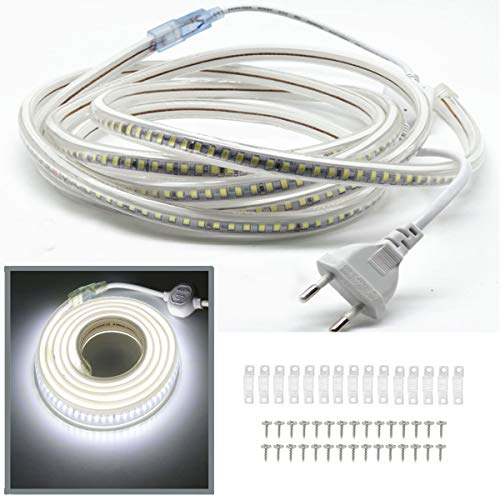 VAWAR 230V LED Band, 2835 Lichtleiste, 144 Leds/m Strip, 5m sehr helle Beleuchtung - 900 LM pro Meter, IP65 Lichtschlauch, Kalt Weiß Streifen