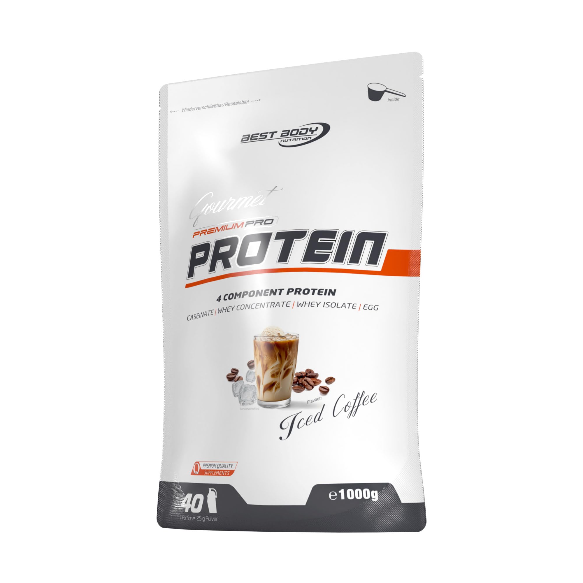 Best Body Nutrition Gourmet Premium Pro Protein, Iced Coffee, 4 Komponenten Protein Shake: Caseinat, Whey Konzentrat, Whey Isolat, Eiprotein, 1 kg Zipp Beutel