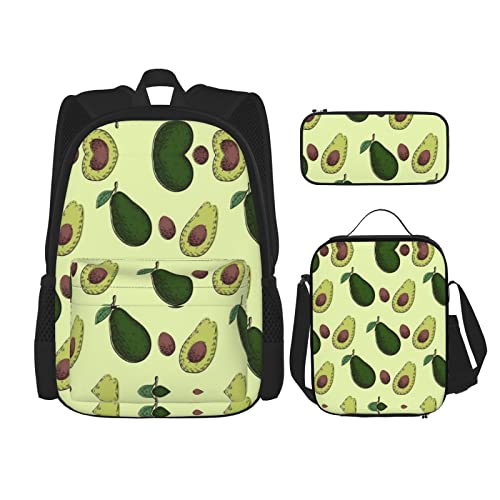 Lawenp Avocado-Frucht-Schultaschen-Set aus DREI Kreuz-Lunch-Beutel-Bleistift-Beutel-Set Jungen- und Mädchen-Schultasche