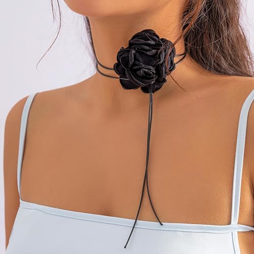 GURIDO Langes Seil mit großer Blumen-Choker-Halskette für Frauen, elegante Schnür-Seil-Ketten-Halskette am Hals, Modeschmuck-Accessoires