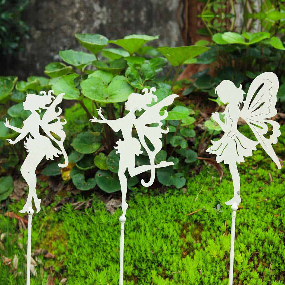 Sungmor Dekorative Gartenstecker – Metall-Feenstab-Ornamente – für drinnen und draußen – Gartenpflanzen-Unterstützung – Terrasse Balkon Landschaftsbau Dekoration – 3 Stück, Vintage-Weiß, 72 cm hoch