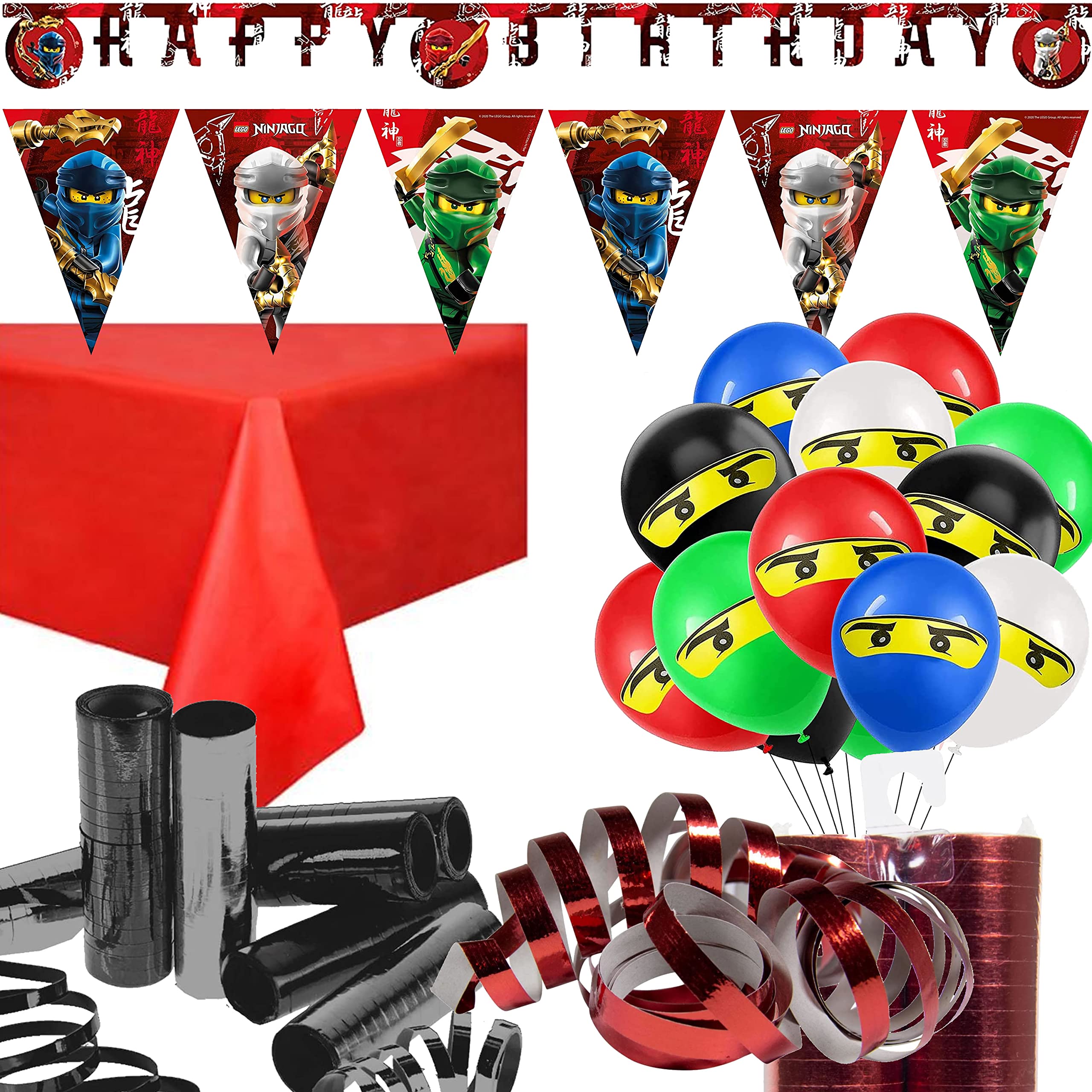 85-teiliges Deko-Set * NINJAGO * mit Tischdecke + Wimpelkette + Partykette + Luftballons + Luftschlangen | Ninja Kindergeburtstag Deko Kinder Geburtstag