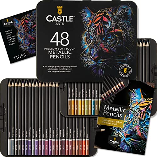 Castle Art Supplies Metallic-Stifte-Set | Farbminen in 48 schimmernden Farbtönen mit Wachskernen für fortgeschrittene, professionelle, Farbkünstler | Geschützt und sortiert in einer Präsentationsbox