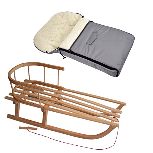 Kombi-Angebot Holz-Schlitten mit Rückenlehne & Zugseil + universaler Winterfußsack (90cm), auch geeignet für Babyschale, Kinderwagen, Buggy, Lammwolle Uni (hellgrau)
