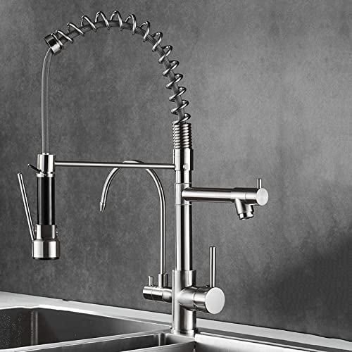 3 Wege Trinkwasserhahn Feder Hot Water And Cold Water Messing Multifunktion Drehbar Küche-Schwarz, XYLKWY, Gebürstet,