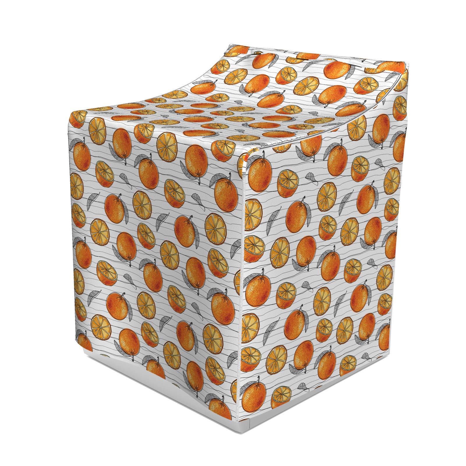 ABAKUHAUS Mandarine Waschmaschienen und Trockner, Muster der Halbierte und ganze Orangen und Skizzierlinien, Bezug Dekorativ aus Stoff, 70x75x100 cm, Grau Dark Orange