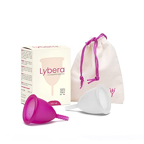 Lybera Set mit 2 Menstruationstassen, hergestellt in Italien, weich, sicher, aus medizinischem Silikon, umweltfreundlich, bequem, Größe 1 und Größe 2, 2 Stück, transparent und fuchsia