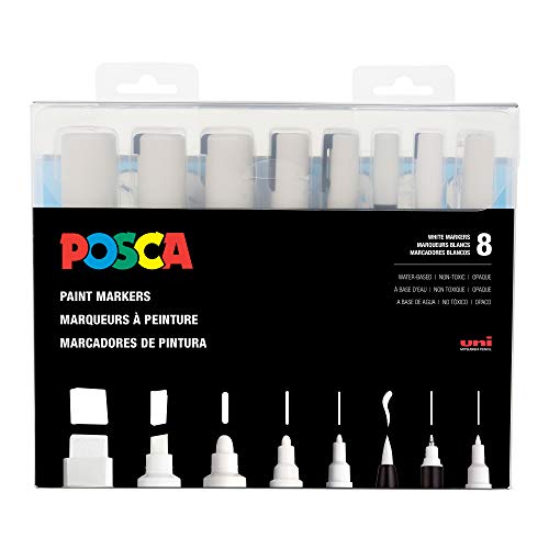 Posca Acrylic Paint Marker Set, 8 Various Marker Sizes, All White (PCWHT8)