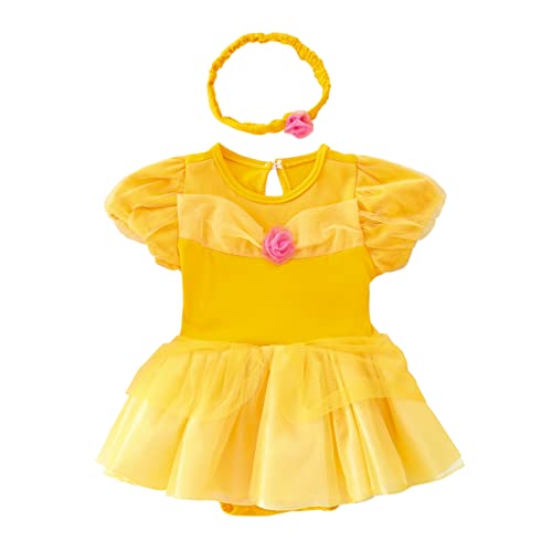 Lito Angels Prinzessin Belle Kleid für Baby Mädchen, Baby Strampler Body mit Stirnband, Halloween Geburtstag Party Verkleidung Outfit, Größe 3-6 Monate