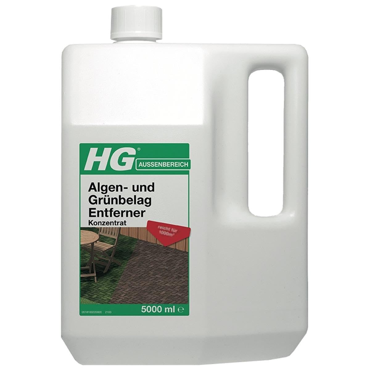 HG Algen- und Grünbelag Entferner Konzentrat 5 Liter, Grünbelagentferner Gegen Algen und Moos auf Terrassen, Wegen, Wänden, Dächern, Holz, Grabsteinen und Mehr, Dauerhaft Wirkend, Sparsamer Verbrauch