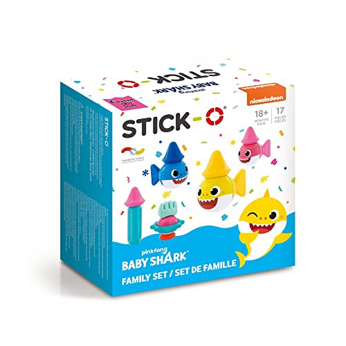 Stick-O magnetische Bausteine für Kinder ab 1 Jahre, kreatives Konstruktionsspielzeug, Lernspielzeug mit Magnet, Baby Shark Family Set für Mädchen und Jungen, Montessori Spielzeug, 17 Teile Set,