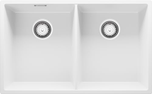 Spülbecken Weiß 76x47 cm, Granitspüle 2 Becken + Ablauf-Set, Küchenspüle ab 80er Unterschrank, Einbauspüle von Primagran