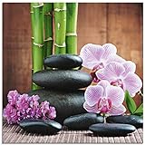 ARTland Glasbilder Wandbild Glas Bild einteilig 20x20 cm Quadratisch Natur Asien Wellness Zen Steine Blumen Blüten Orchideen Bambus Pink T5OO