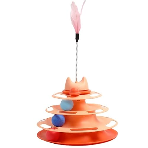 HAZARA Vierstufige Orbital-Vergnügungsscheibe Teasing Cat Stick Space Tower Plattenspieler-Spielzeug für Indoor-Katzen mit DREI bunten Bällen Lustiges Puzzle-Kitty-Spielzeug-orange