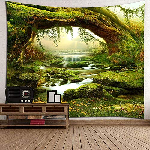 AYES Wandteppich PsychedelicTapisserie Wald Helle Sonnenlicht Wandbehang Landschaft Bohemian Dschungel Wandkunst Dekore (2000x1800mm)