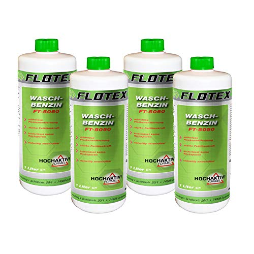 Flotex® - Waschbenzin 4x 1L - Lösungsmittel für Fleckentfernung auf Textil, Kunststoff, Oberflächen & Arbeitsgeräten - Waschbenzin Reinigungsbenzin - Benzin Reiniger