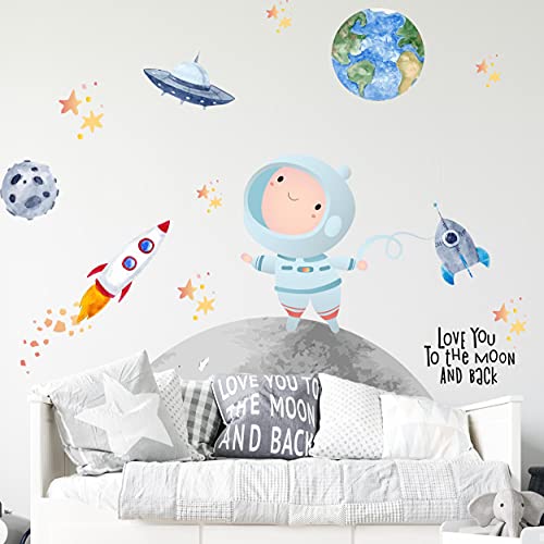 Astronaut Wandtattoo V295 | handgezeichnet | AUFKLEBER Kindergarten | Wandsticker Kinderzimmer Weltraum Rakete Mondreise Erde Sterne Raumschiff Planeten (50 x 50 cm)