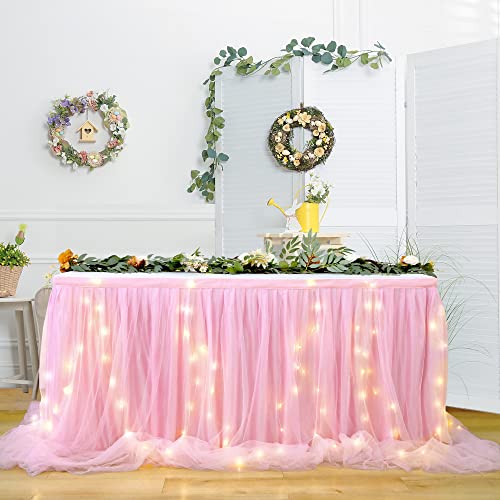 HBBMAGIC LED Tischrock Rosa Tüll Tischdeko Party deko Für Babyparty mädchen, Hochzeit, Geburtstag, Weihnachten, Candy bar zubehör(Rosa,427cm*76cm)