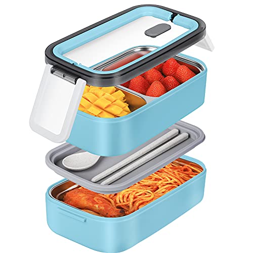 Bento Box für Erwachsene und Kinder,Thermobehälter Warmhaltebox,2-Lagige Stapelbare Edelstahl-Lunchbox,1600ML-Sans BPA (Blau)