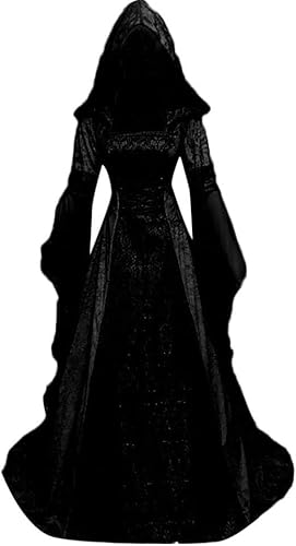 AMMICCO Damen Vintage Mittelalter Kleid mit Kapuze Halloween Kostüm Evalärmel Kleid Lang Gothic Renaissance Victoria Halloween Karneval Kostüm Cosplay (XL, Schwarz)
