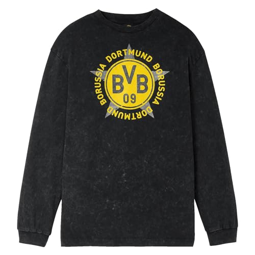 Borussia Dortmund BVB Retro Longsleeve Washed Grey: Dunkelgraues Oversized Sweatshirt im 90er Jahre Design mit Großem BVB-Emblem und Stern Gr. XXL